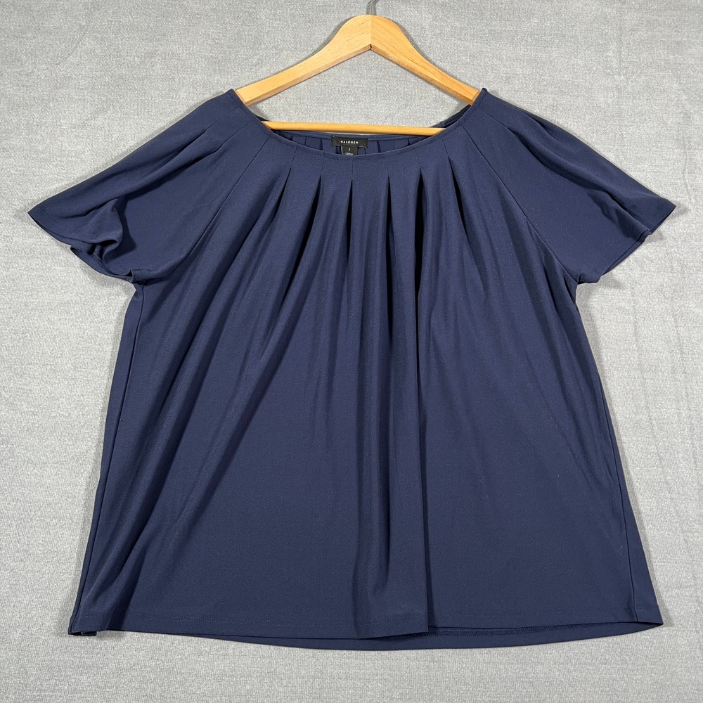 Halogen Pleated Front Short Sleeve Scoop Neck Blouse Womens Size 1 Navy Blue Top